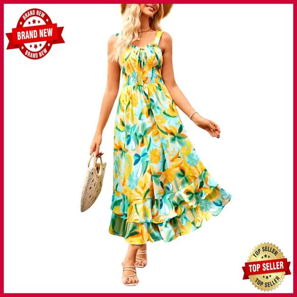Dresses & Skirts - Floral Maxi Dress Boho Summer Beach Sundress A-Line Square Neck Adjustable